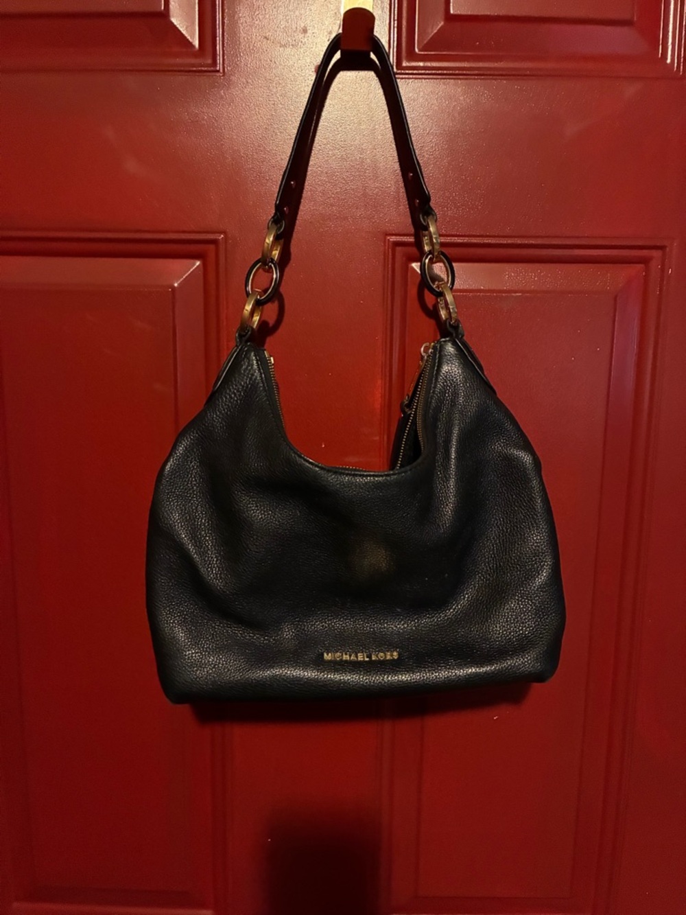 Michael Kors Black Pebbled Leather Hobo Shoulder Bag with Gold Hardware